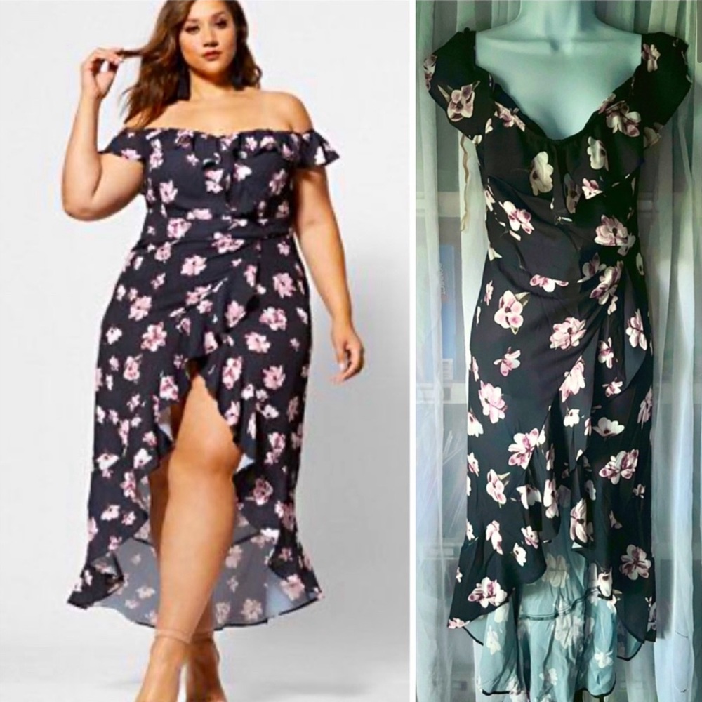 FTF NWOT Off Shoulder Black Pink Floral High Low Crepe Ruffle Dress Size 3 22 24
